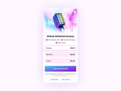 Voice Changer IAP Screen- Go Pro app design get pro in app purchase mic music app nabeelahmed subscription screen ui ux