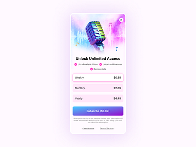 Voice Changer IAP Screen- Go Pro app design get pro in app purchase mic music app nabeelahmed subscription screen ui ux