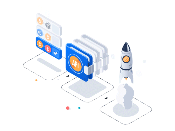 System integration steps animation api coins crypto exchange gears illustration infographic integration isometric json lottie rocket smoke steps svg system tick vector wallet