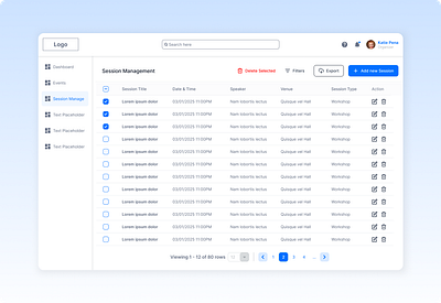 List View - Session Management Dashboard dashboard design figma list view table ui uiux ux