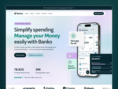 Web Design Landing Page - Banko (Hero) app application bank branding creative dashboard design finance hero landing page landingpage mobile mobile app money new popular saas uiux web design website design