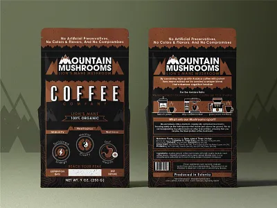 "Mountain Mush" Coffee Co. Branding branding coffee graphic design identity illustration lions mane masculine mushroom packaging pouch sharp solid texturized vector vintage