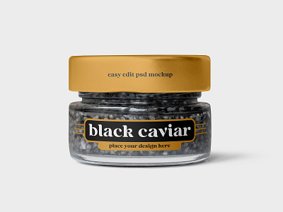 Clear Glass Jar with Black Caviar black caviar clear food glass jar label logo mockup mockups pack package preserve product seafood snack