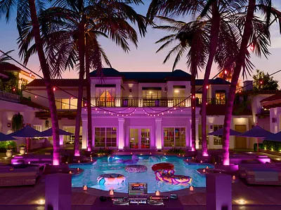 Pool Night Mansion 3d 3d scene ai blender illumination illustration low poly modeling music ai palm party pool pool night ui ux web platform