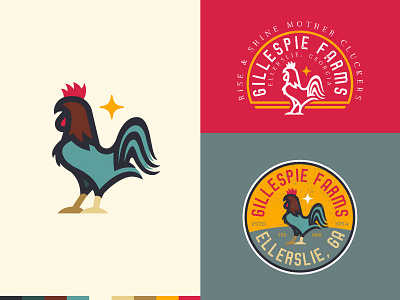 Gillespie Farms™ badge brand branding county rooster design farm animal farm brand gold heyo illustration logo red rooster teal