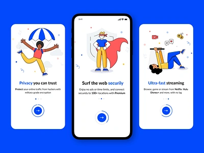 Onboarding screens design for VPN mobile app | HQ VPN app design flat illustration graphic design illustration illustrations interface it mobile mobile app product product design startup ui ux uxui vector vpn web design