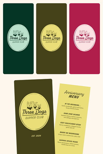 Three Dogs Supper Club anniversary branding club dinner dog doodle logo menu script supper wisconsin