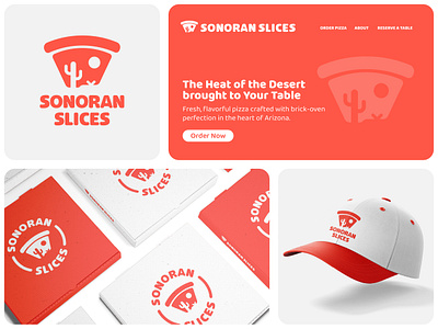 Sonoran Slices Pizza Logo Concept arizona az baseball cap brick oven cap desert fast food food food delivery home page landing page pizza pizza box pizza delivery pizza place pizza slice restaurant sonoran desert usa website