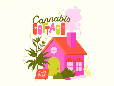 Cannabis Cottage 420 branding cannabis cottage dispensary gardening home house illustration joint marijuana plant smoke sparkle weed