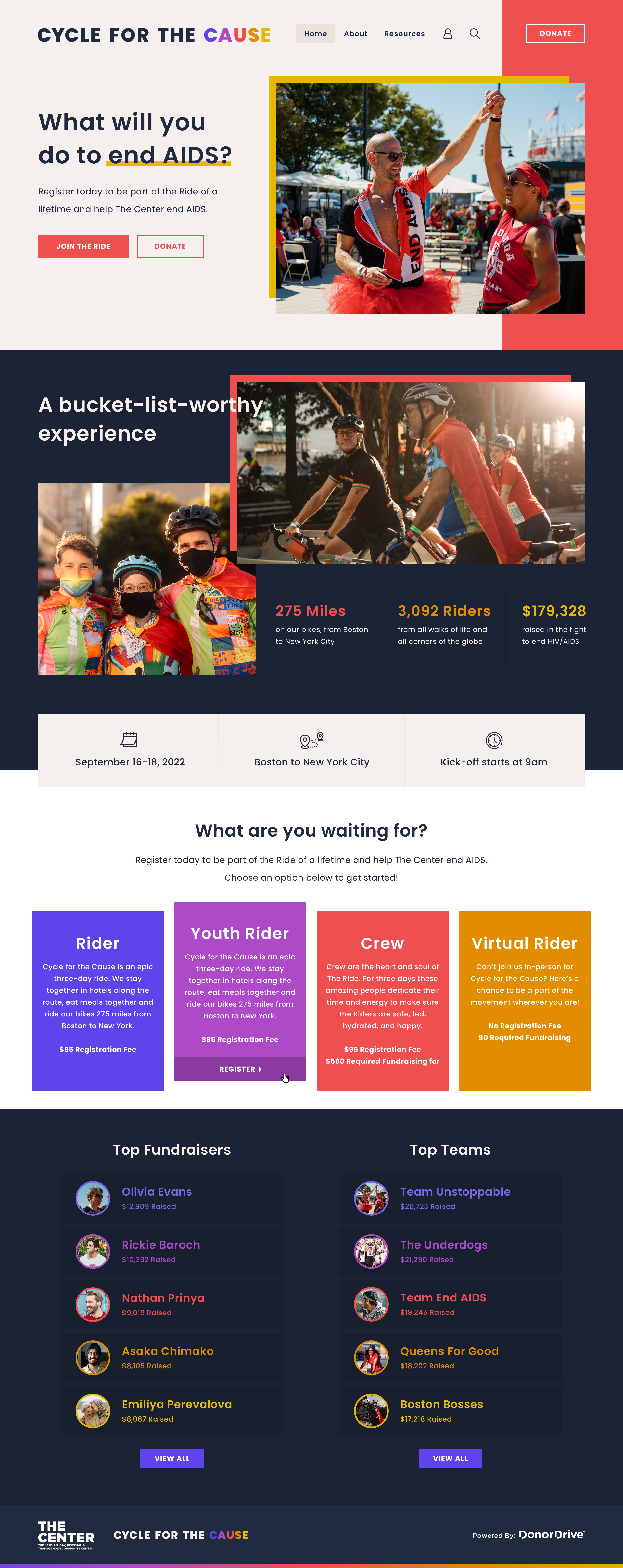 Cycle For The Cause aids awareness cause cycle drag drag queen event fundraise gay homepage non profit pride queer ui underline web web design webpage