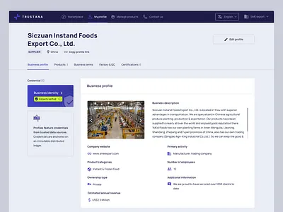 Supplier profile - B2B e-commerce platform b2b blockchain e commerce profile supplier trade ui ux ux design web design