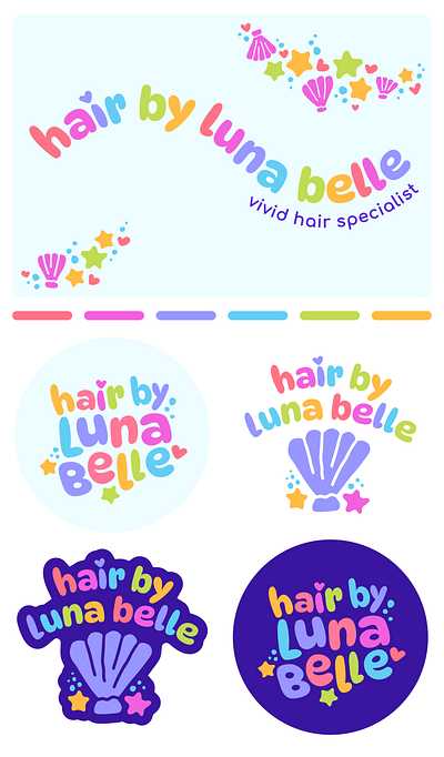 hair by luna belle branding bow branding clam shell colorful girly hairstylist logo mermaid ocean rainbow salon shell sparkle star vivid wavy whimsical