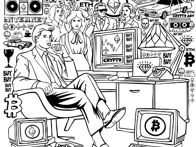 Timeless Innovation: The Day Trader’s Crypto Art Revolution 1990s advertising aesthetic black and white crypto cryptocurrency digital art digital illustration editorial illustration vector