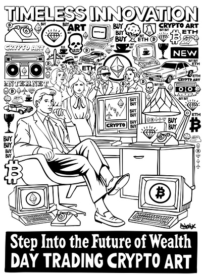 Timeless Innovation: The Day Trader’s Crypto Art Revolution 1990s advertising aesthetic black and white crypto cryptocurrency digital art digital illustration editorial illustration vector