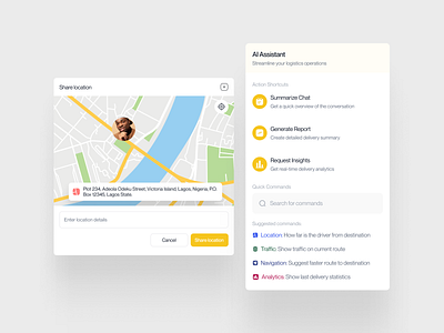 Share Location & AI Assistant Features ai assistant chat interface design interactive widgets location sharing ui ux uxui design