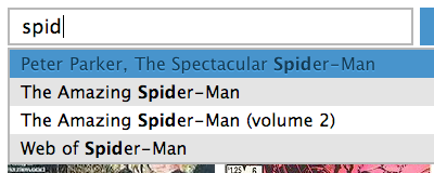 Title Search Autocomplete blue comicbinder comics jquery spider man