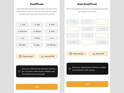 Improved crypto wallet onboarding (Save seed phrase as PDF) crypto design figma product design ui uiux web3