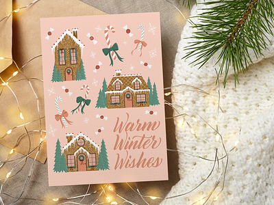 Warm Winter Wishes - Gingerbread House Illustrations art licensing candy cane christmas design drawing gingerbread house greeting card handlettering holiday illustration lettering type typography winter