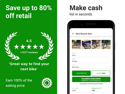 Sprocket Android ASO Screenshots 2024 Fall android aquisition aso bicycle bike experiment features first impression green india marketing marketplace mobile play store preview rupee screenshots sprocket ui ux