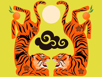 Roar of Harmony illustration animal illustration china chinese culture chinese inspired art cultural artwork energy energy and balance eye catching design illustration minimalist cultural art modern chinese design mystical artwork nature inspired illustration orange power sun symbolic composition tiger illustration traditional symbols wildlife illustration