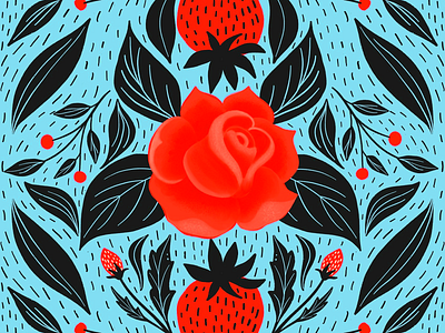 Strawberry Rose Harmony art design botanical aesthetic decorative pattern art decorative wallpaper design delicate green leaves elegant nature composition floral and fruity design flowers fruit and flower harmony illustration minimalist nature theme nature organic design elements romantic nature fusion rose illustration strawberry and rose wallpaper strawberry art summer wallpaper wallpaper wallpaper illustration