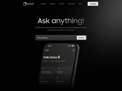 Q'Chat Landing page design ai ai website black theme chatbot chatbot website chatgpt dark mode dark mode website darkmode framer framer development framer expert landing page landing page design minimal minimal website openai web design website website design