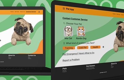 Pet App - Customer Services 3d animation branding dailyui dailyui29 dogs figma grid layout macbook mockups pet petapp pets petwebsite ui vector