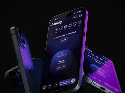 Fluently app / Activity 3d acitivity activity ai blurry button cinema4d dark mode edtech interaction ios languages minimal mobile app purple streak tutor ui ux