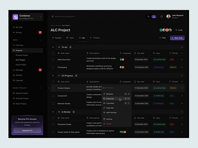 Combinex - List View Dashboard dark mode dashboard design list list view management manager minimalist productivity project reminder task team works to do list ui ux website works