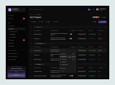 Combinex - List View Dashboard dark mode dashboard design list list view management manager minimalist productivity project reminder task team works to do list ui ux website works