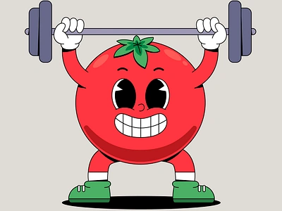 Cartoon tomato weightlifting branding cartoon character colorful cute design graphic design gym illustration lifting logo red sport tomato ui vegetable weight