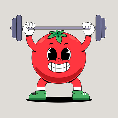 Cartoon tomato weightlifting branding cartoon character colorful cute design graphic design gym illustration lifting logo red sport tomato ui vegetable weight