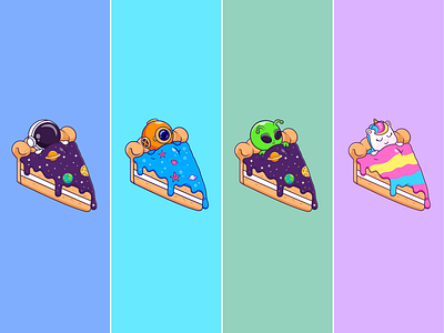 Sleeping on Cake🧑🏻‍🚀🦄🍰ᶻ 𝗓 𐰁 alien astronaut blanket branding cake character cute diver doodle flat food icon illustration logo rainbow sea sleeping slice space unicorn