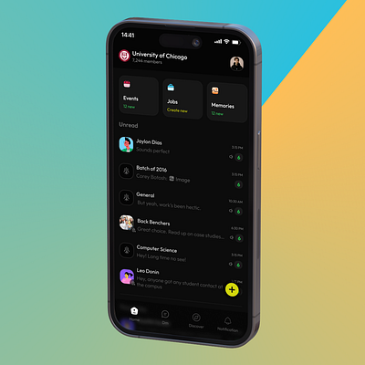 Alumnai connect App animation chat dark mode design ui