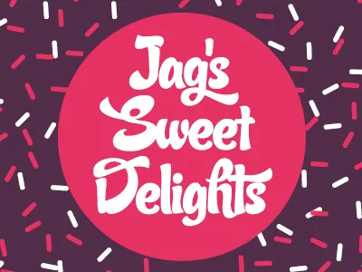 Jag's Sweet Delights 100s and 1000s brand bright candy candy script circular design illustrator logo pink purple script sprinkles type vector