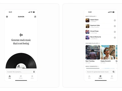 SUKHON - AI stock music generator ai ai app app design clean design figma ios app minimal music product design ui uidesign uxdesign
