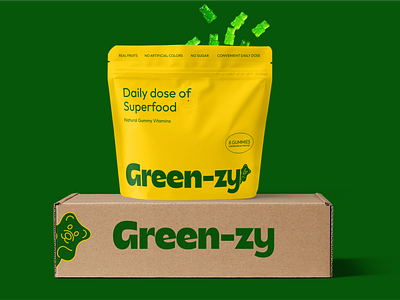 Green-zy | Vitamins logo & packaging design bag bear box brand design brand identity branding gummies gummy health jelly label logo logo design packaging packaging design pouch sachet supplements vitamins zip