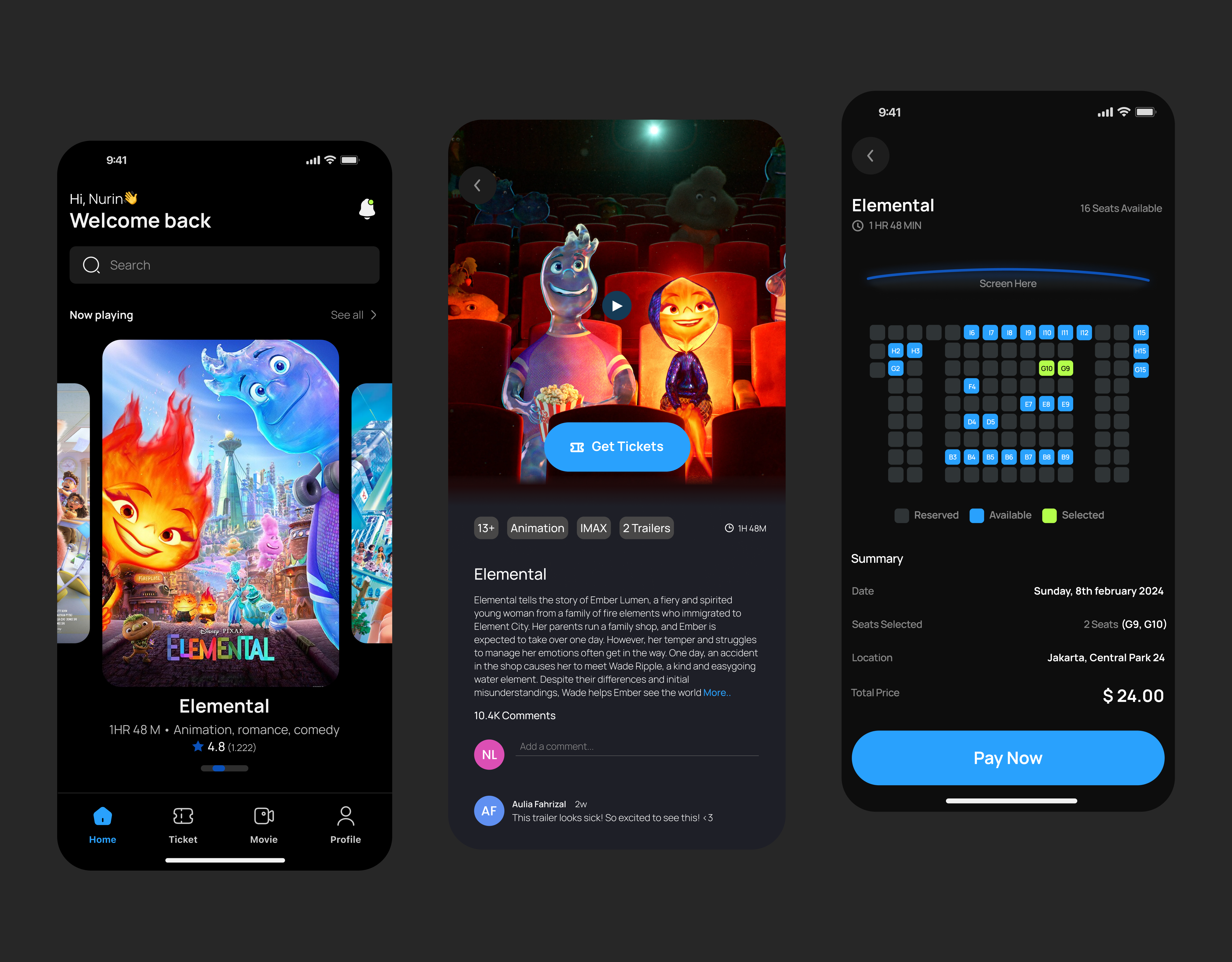 Movie Ticket Booking App — Clean Dark UI 🎬 booking booking ticket cinema cinema ticket cinemas clean design imdb mobile mobile app movie app movies netflix stream streaming streaming movie ticket ui design ux