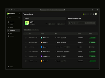 Coinstax: Crypto Transactions - Dark Mode bitcoin dashboard blockchain dashboard coinstax crypto dashboard crypto transaction crypto transactions cryptocurrency dashboard dark dashboard dark mode dashboard dark theme dashboard modern dashboard popular trending ui ui design user interface ux ux design web3 dashboard