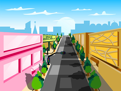 NO HUMAN billboard blue sky building city lights ilustration pink t junction town vector ilustration yellow