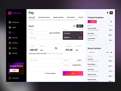 Payment panel for fintech. dashboard finance management financial technology fintech interactive design minimal ui modern ui payment panel transactions ui design user experience uxui web app design web design