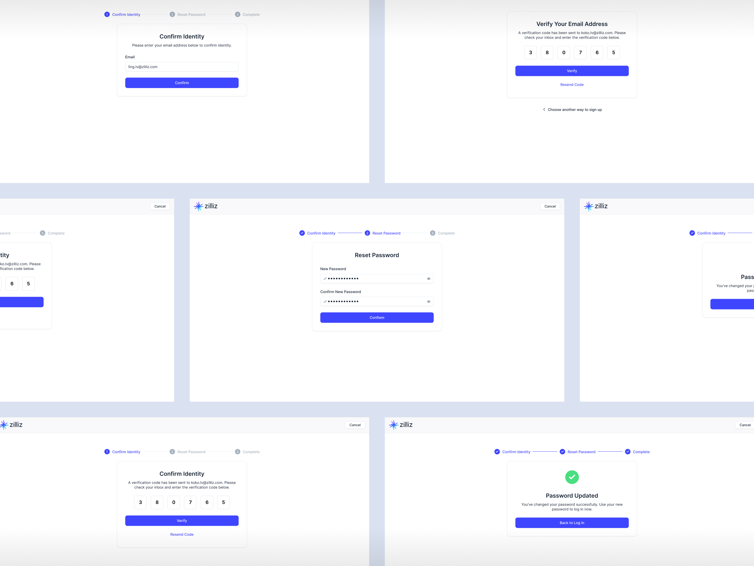 Forgot Password, Zilliz Cloud, Confirm Identity, Reset Password cloud service forget password reset password saas signup ui ux