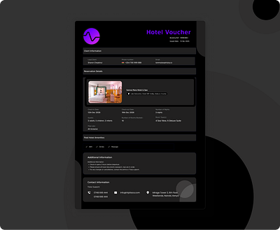 Dark Theme Hotel Reservation Voucher – Sleek and Modern 3d animation bookingsystem darkthemedesign design figma graphic design hotelbooking hotelvoucher modernui motion graphics reservationproof travelconfirmation traveldesign travelux ui uiinspiration uiux ux uxdesign