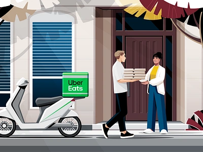 Food delivery service character delivery food house illustration man pizza scooter service tree uber eats woman