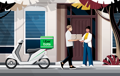 Food delivery service character delivery food house illustration man pizza scooter service tree uber eats woman