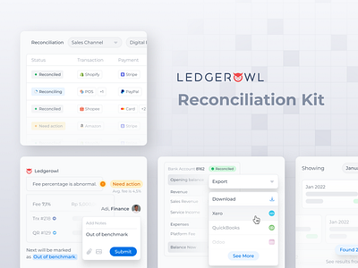 Ledgerowl | Reconciliation Kit accounting component design system digital asset finance landing page prototype reconciliation service ui ui design ui kit ux ux design website widget