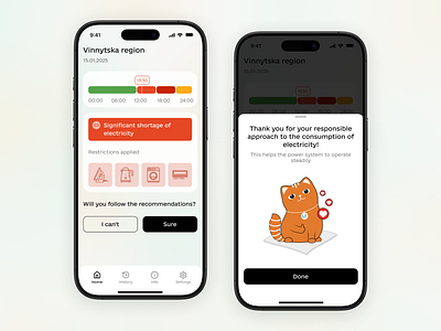 Real-time Electricity Updates Mobile App | UKRENERGO cats dark mode dark theme electrical devices electricity availability graphic design light theme mobile aplication mobile app modal window notification power real time real time electricity updates renewable energy status time ui design ukraine ux ui