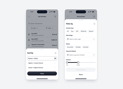 Stock Trading App - Filters app branding dailyui dashboard design figma filter by filters finances fintech app illustration investment product design stock stock trading trading ui ux wallet web design