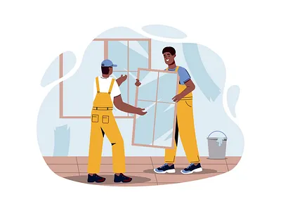 Installation Of Windows 2D Animation 2d animation building construction flat handyman handymen home illustration improvement job site manual labor motion professional renovation repair service window fitting window installation workers