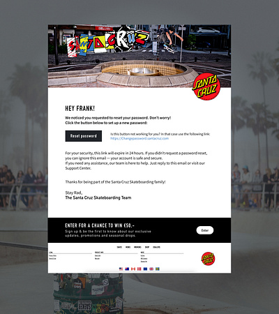 Password reset email for a skateboard company branding email graphic design skateboard ui